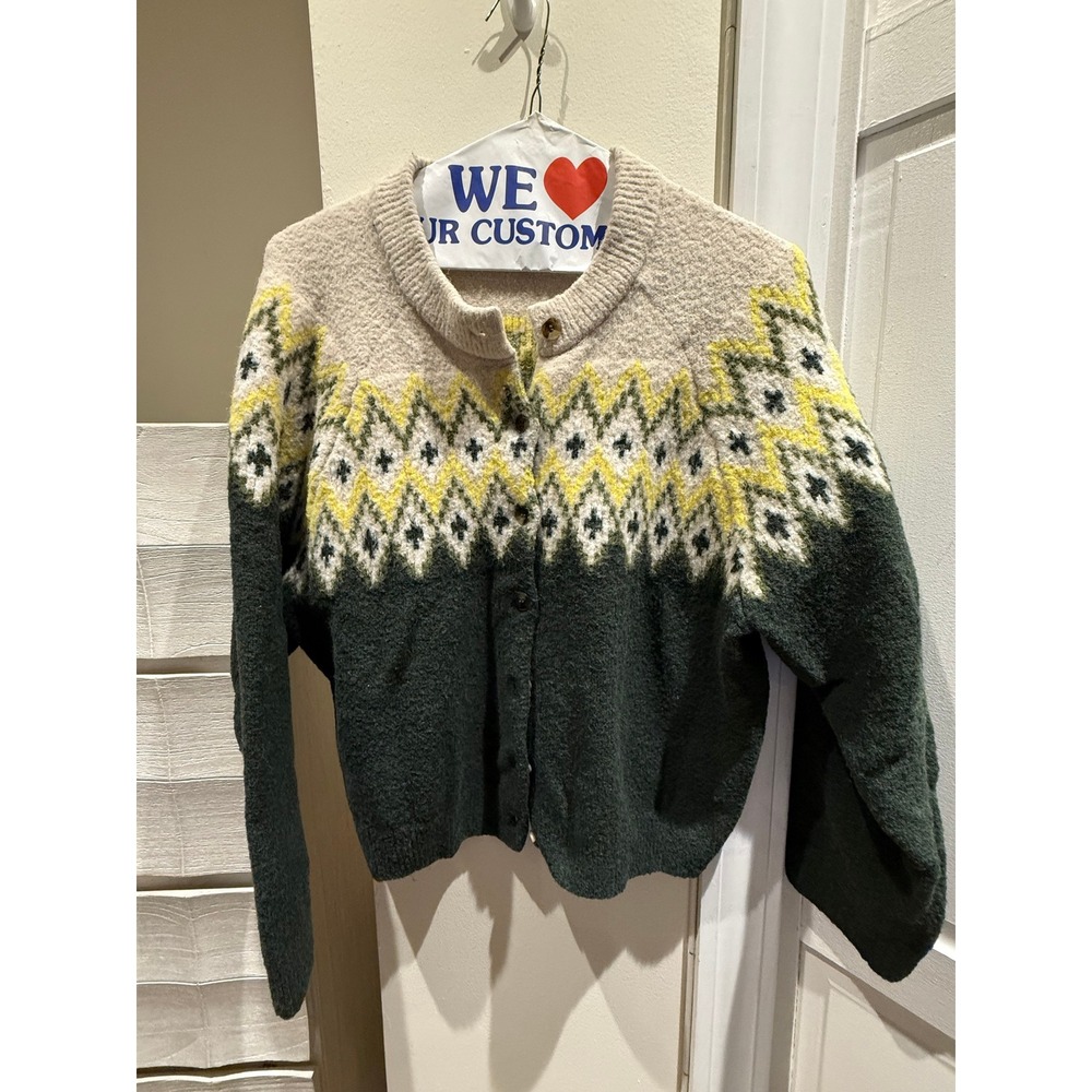 H&M Women XL Fair Isle Cardigan Sweater Forest Green Cream Yellow Geometric Knit